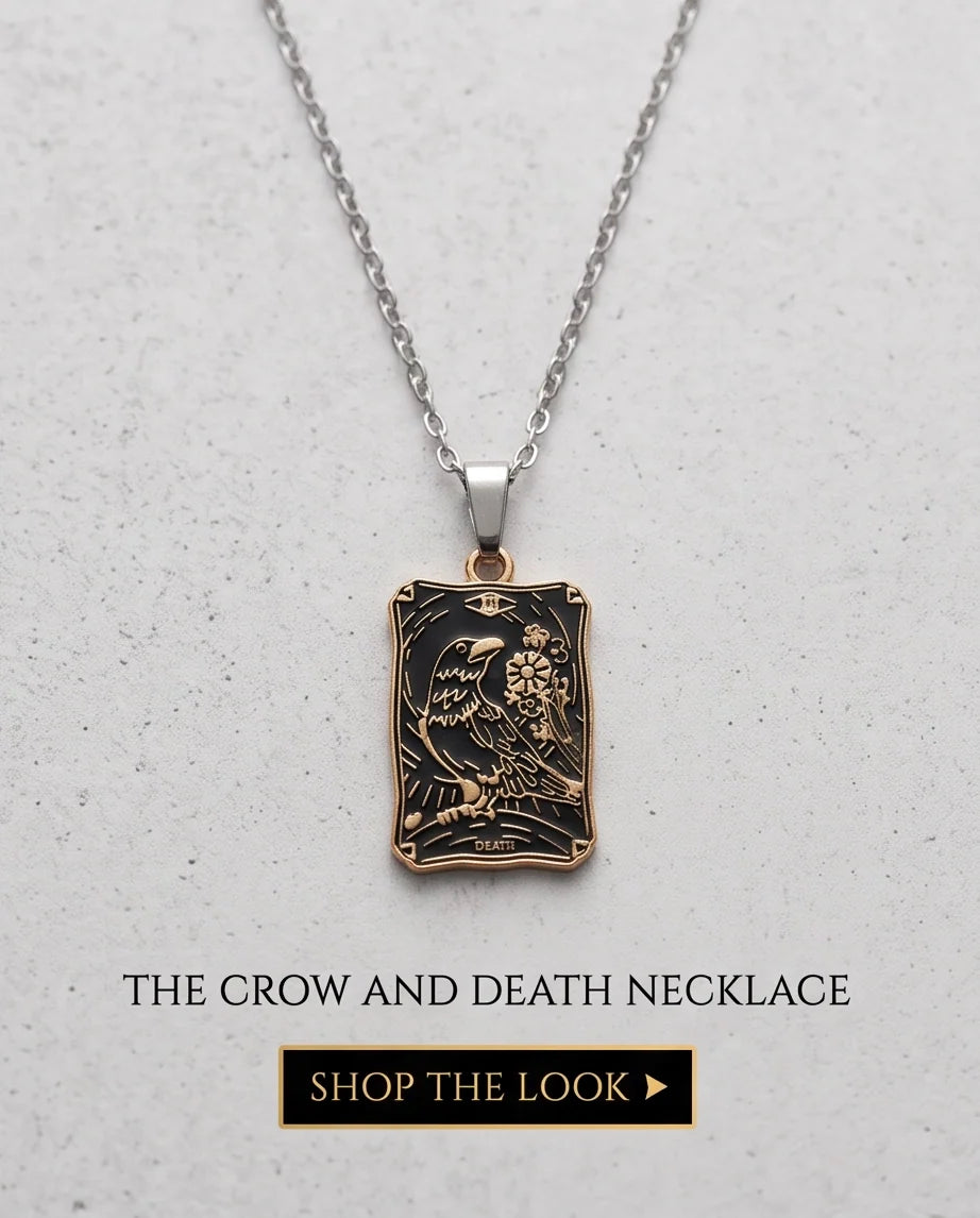 Gold "Death" Raven Tarot Card Pendant Necklace