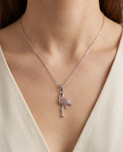 Silver Pink Crystal Paved Flamingo Pendant Necklace