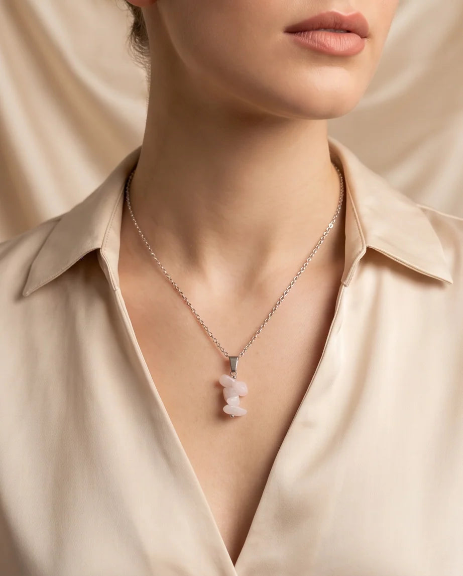 Silver Stacked Raw Rose Quartz Chip Stone Pendant Necklace