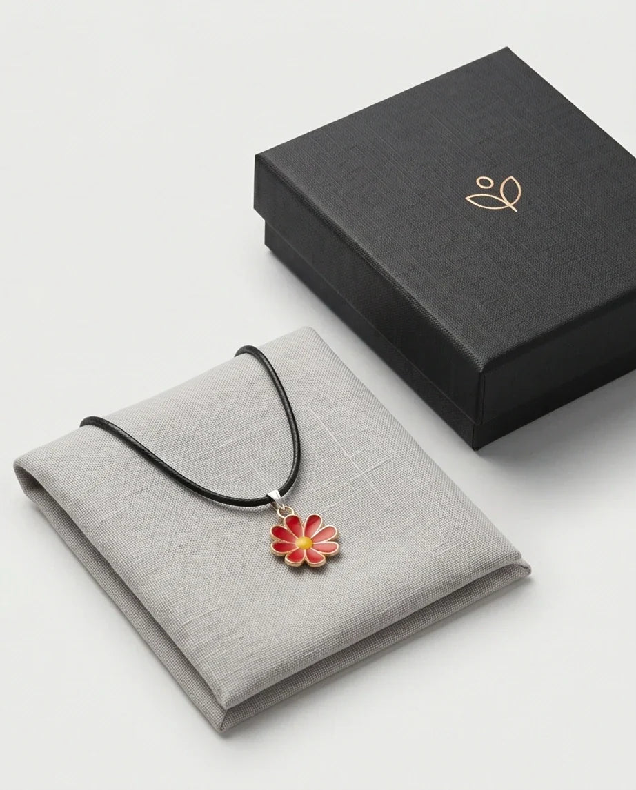 Gold and Red Daisy Pendant Necklace