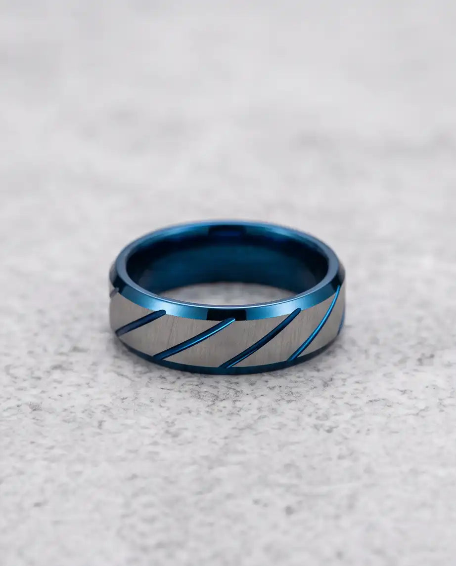 Two-Tone Brushed Silver and Blue Diagonal Groove Band Ring