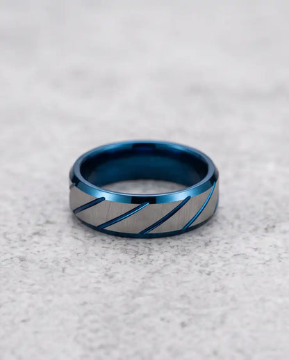 Two-Tone Brushed Silver and Blue Diagonal Groove Band Ring