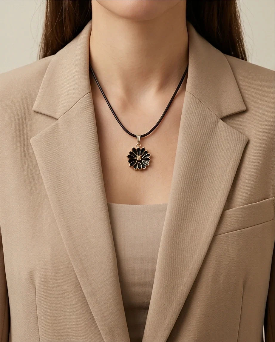 Gold and Black Sunflower Pendant Necklace