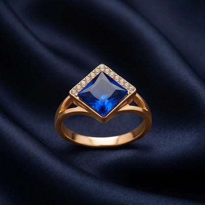 Gold Sapphire Princess-Cut Halo Ring