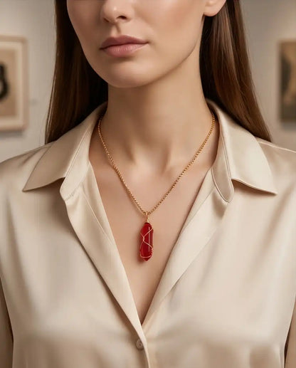 Wire-Wrapped Red Crystal Point Pendant Box Chain