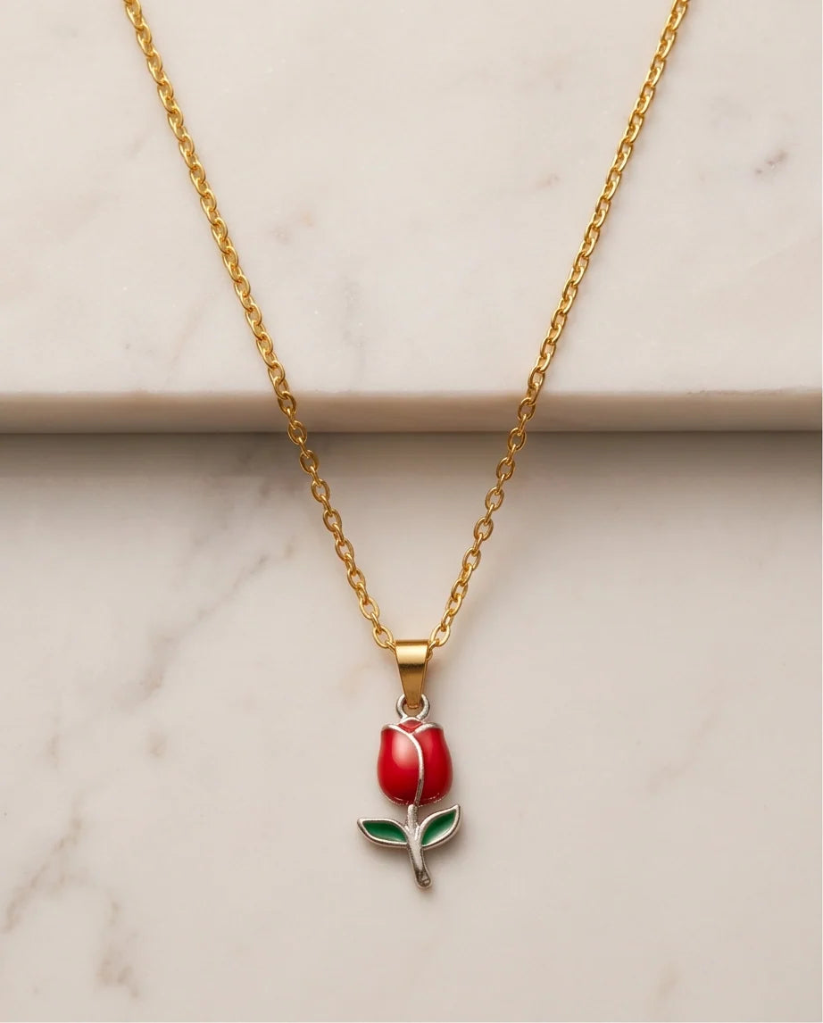 Silver Red Enamel Tulip Pendant Necklace