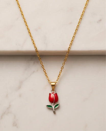 Silver Red Enamel Tulip Pendant Necklace