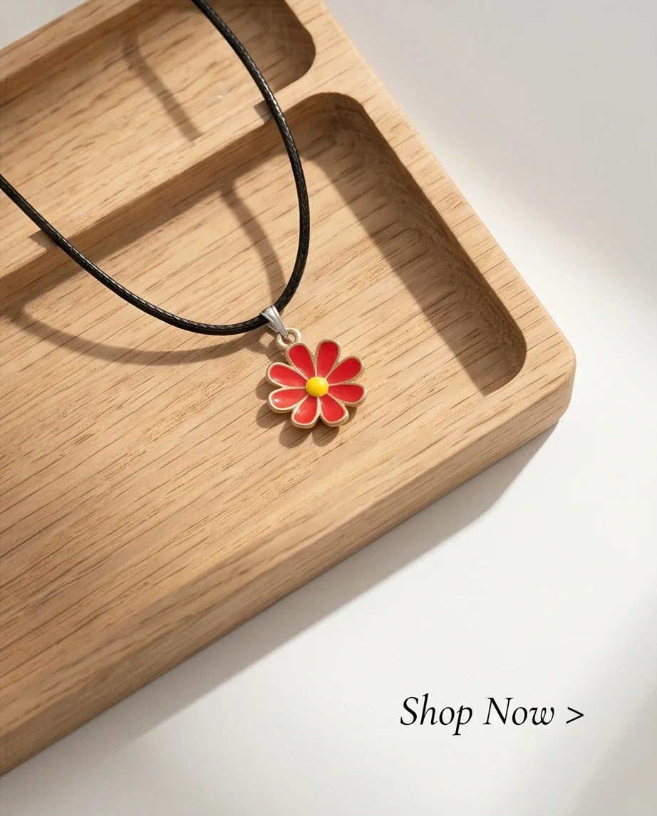 Gold and Red Daisy Pendant Necklace