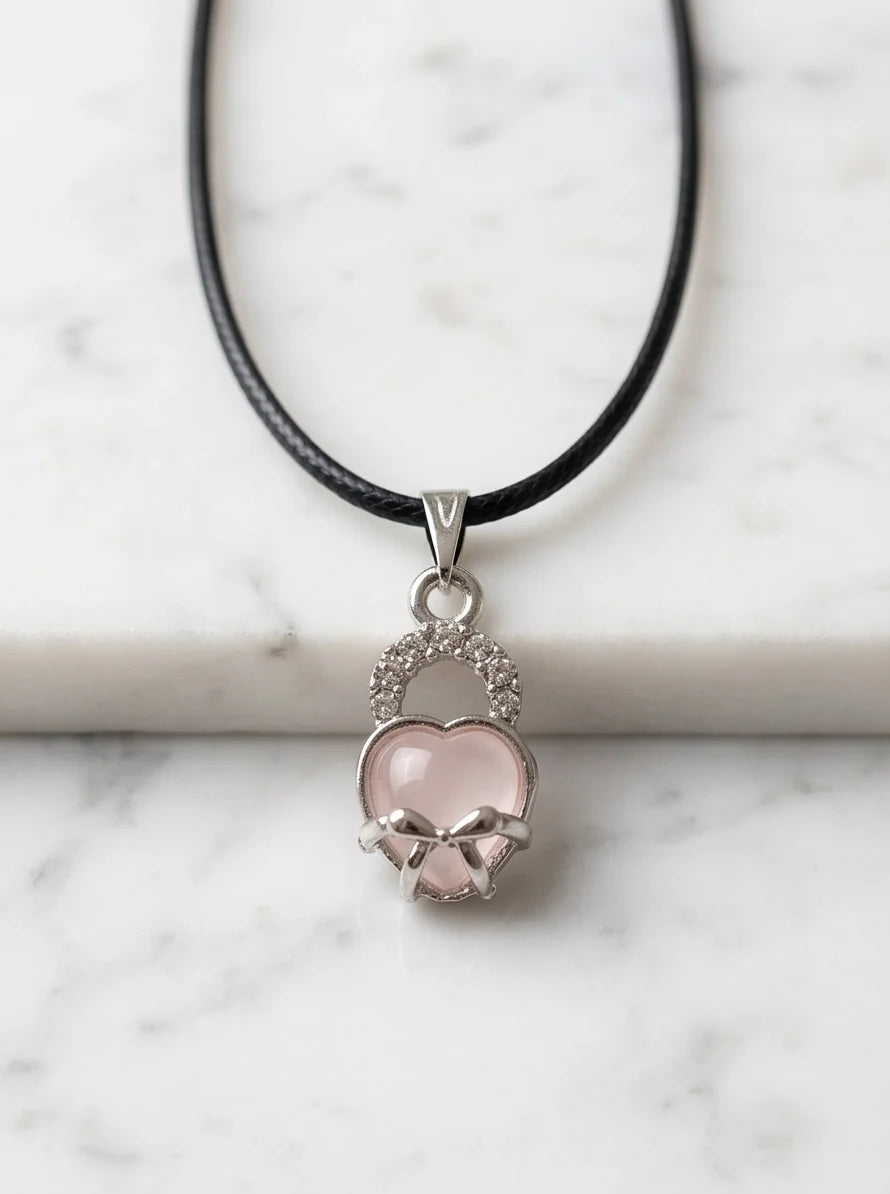 Pink Quartz Heart Bow Lock Pendant Necklace