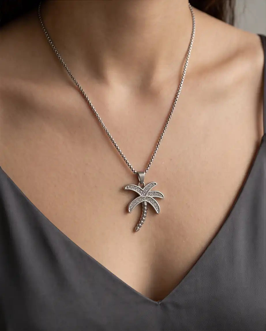 Iced Palm Tree Pendant Silver Box Chain Necklace