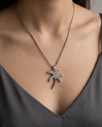 Iced Palm Tree Pendant Silver Box Chain Necklace