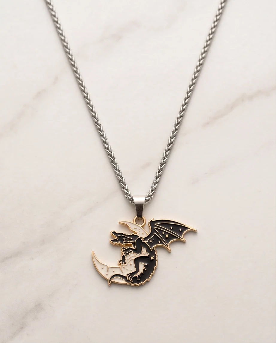 Gold Celestial Dragon White Crescent Moon Enamel Pendant Necklace