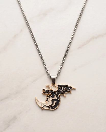 Gold Celestial Dragon White Crescent Moon Enamel Pendant Necklace