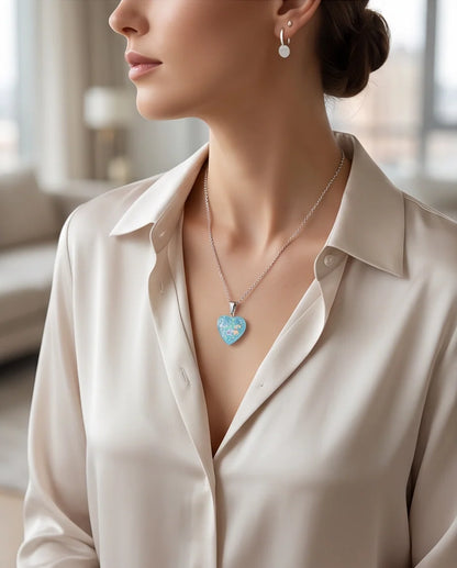 Silver Light Blue Glitter Heart Resin Pendant Necklace