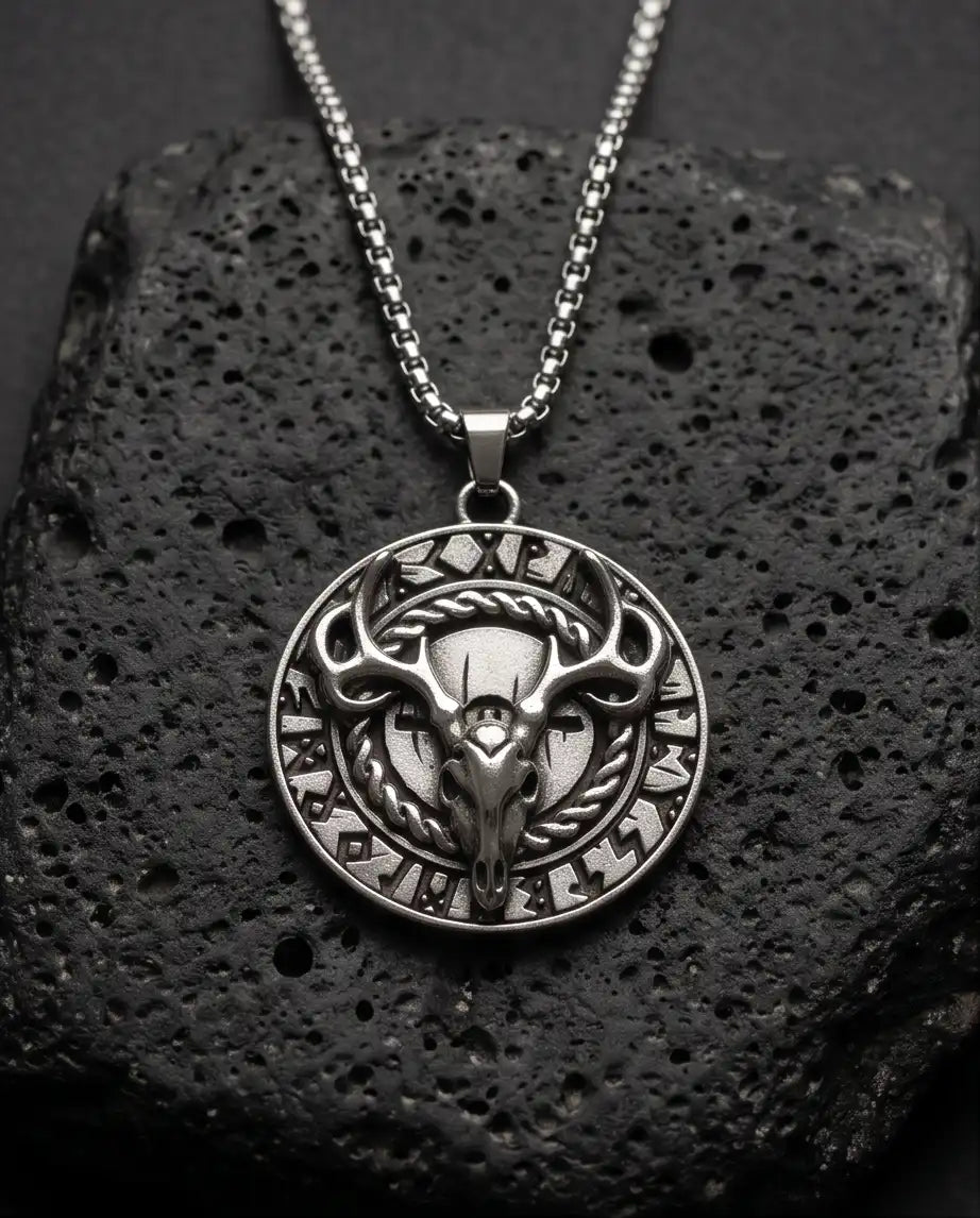 Antiqued Norse Rune Deer Skull Pendant Box Chain