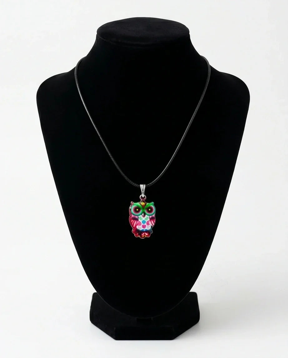 Vibrant Kaleidoscope Owl Totem Pendant Necklace