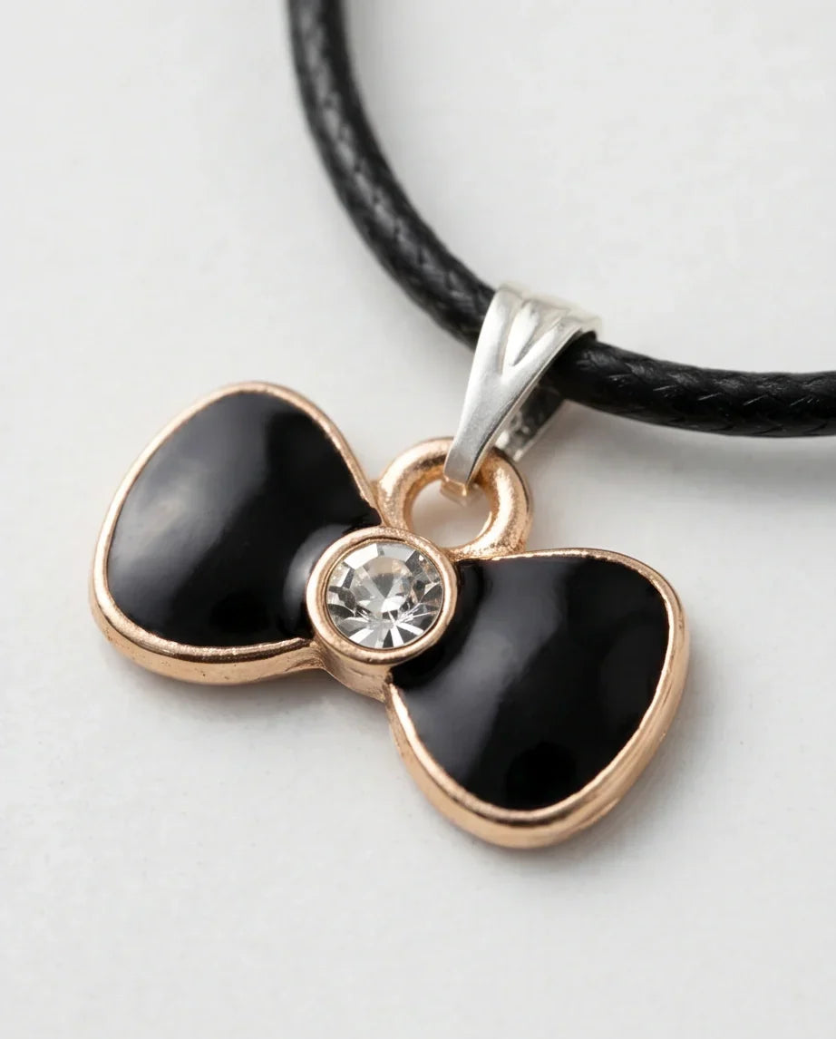 Gold Crystal and Black Bow Necklace