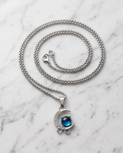 Silver Crystal Crescent Moon & Cosmic Blue Stone Pendant Necklace