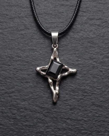 Silver Black Gemstone Gothic Cross Pendant Necklace