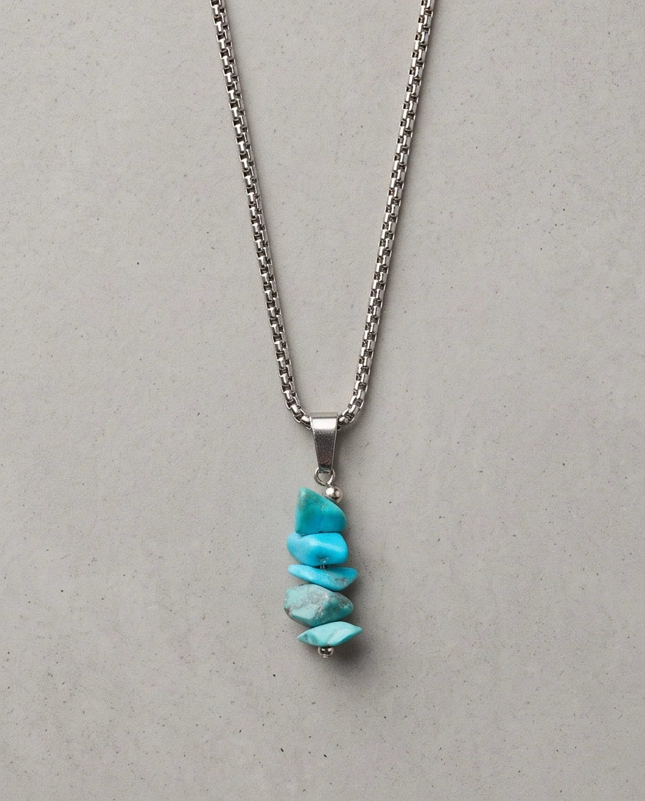 Silver Stacked Raw Turquoise Chip Stone Pendant Necklace