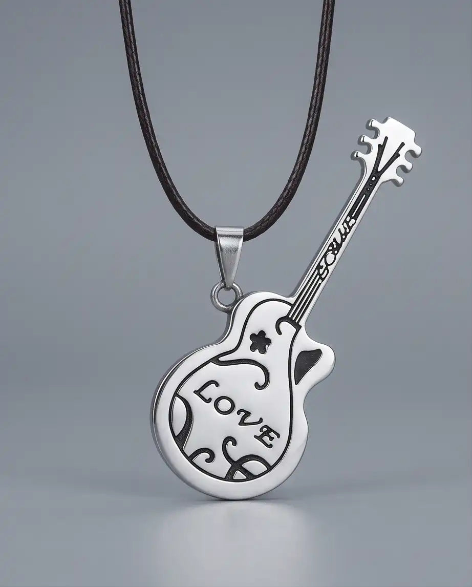 Engraved "Love" Acoustic Guitar Pendant Silver Box Chain Necklace