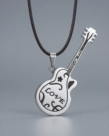 Engraved "Love" Acoustic Guitar Pendant Silver Box Chain Necklace