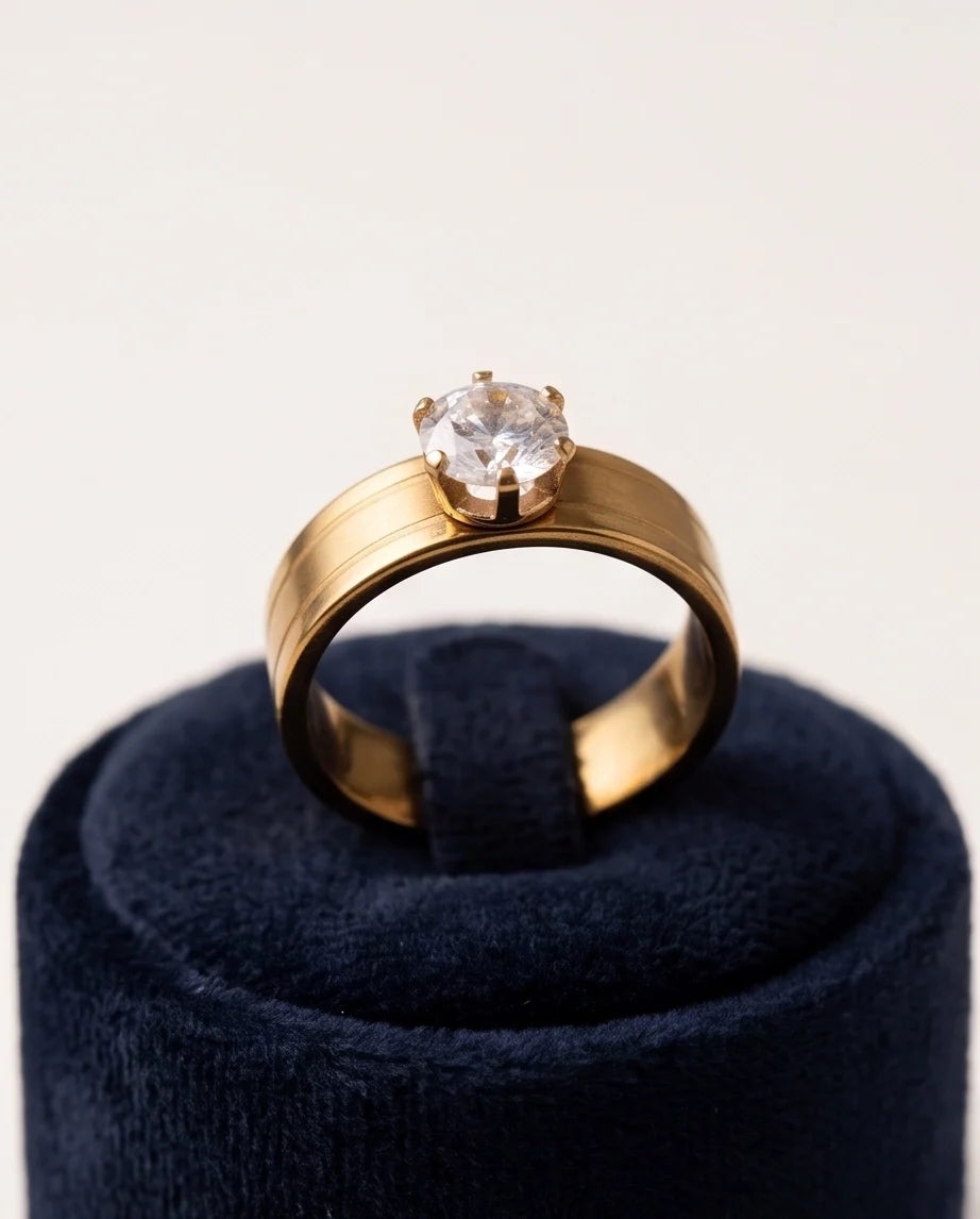 Gold Round Gemstone Wide-Band Solitaire Ring