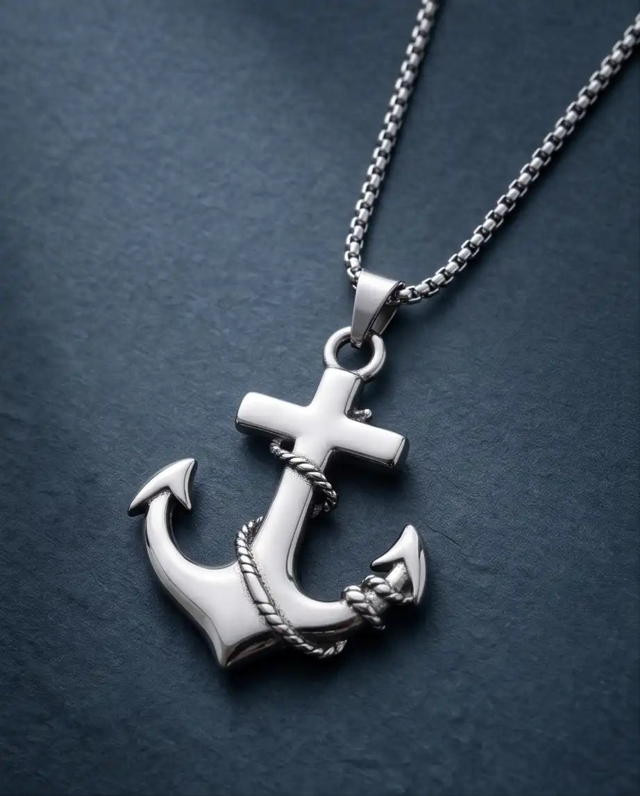 Mariner's Anchor and Cross Pendant Box Chain