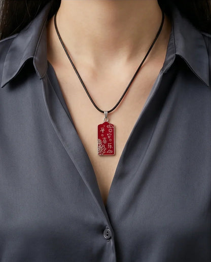 Traditional Red Rectangular "Ping An Xi Le" Blessings Pendant Necklace