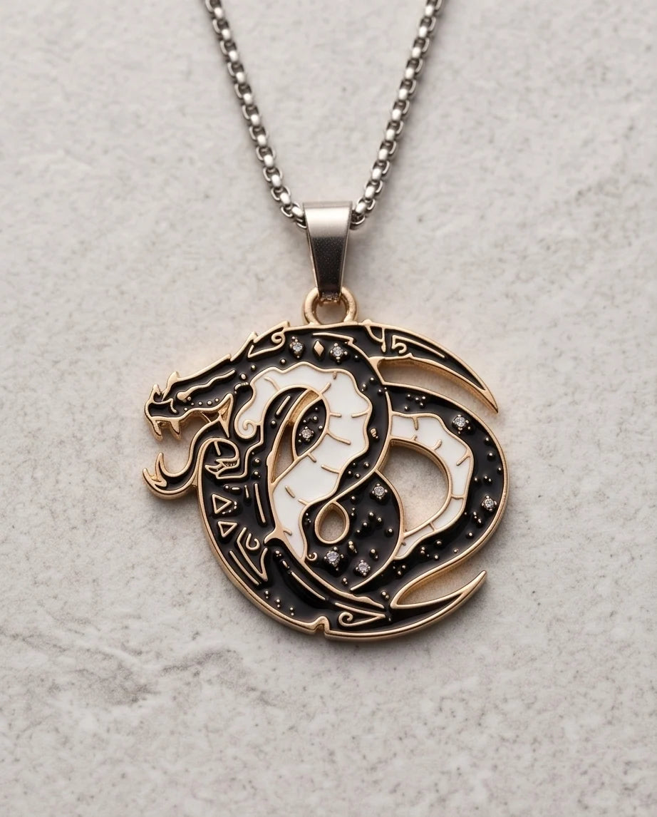 Gold Coiled Dragon Black & White Enamel Pendant Necklace