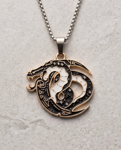 Gold Coiled Dragon Black & White Enamel Pendant Necklace