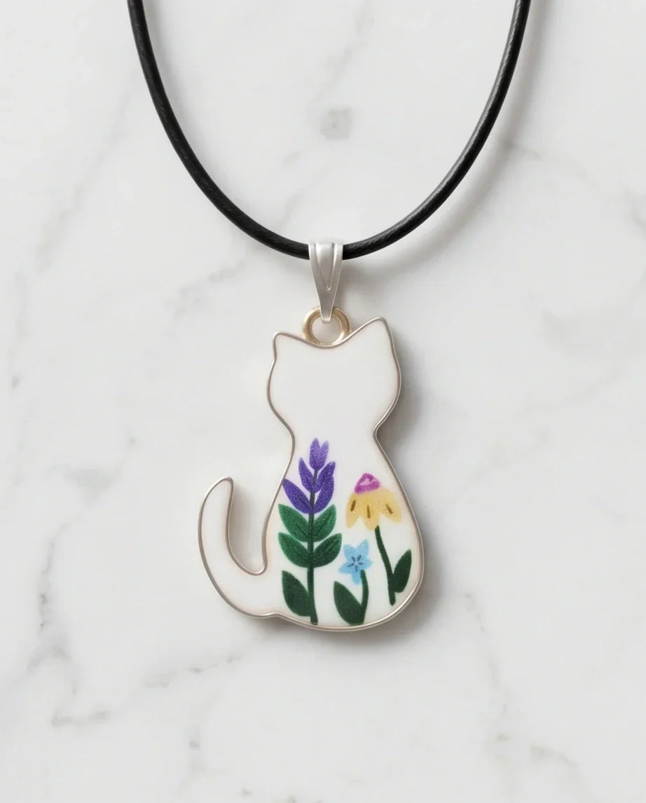 Artistic Floral Botanical Feline Silhouette Pendant Necklace
