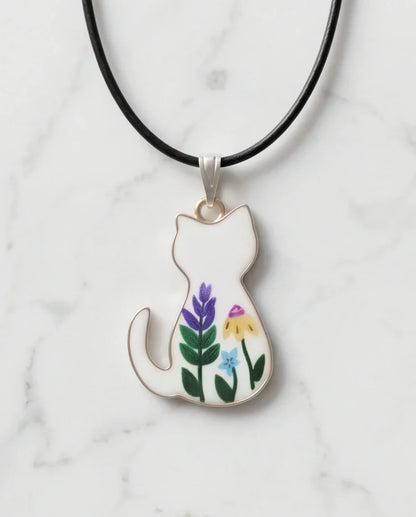 Artistic Floral Botanical Feline Silhouette Pendant Necklace