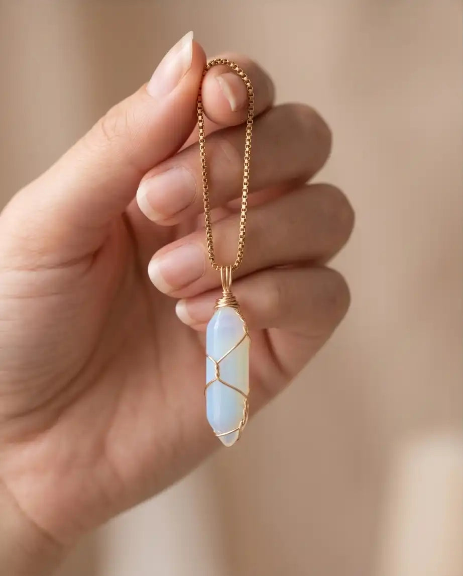 Wire-Wrapped Synthetic Opal Crystal Point Pendant Box Chain