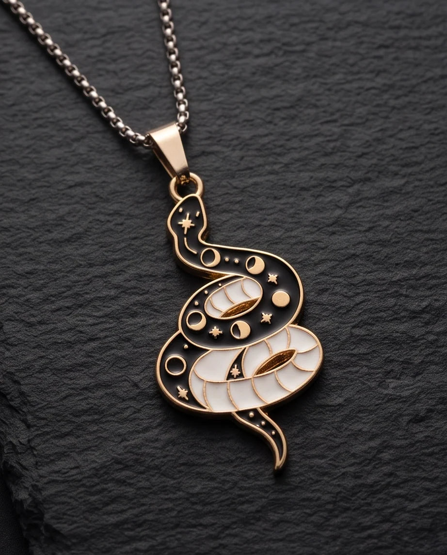 Gold Moon Phase Snake Enamel Pendant Necklace