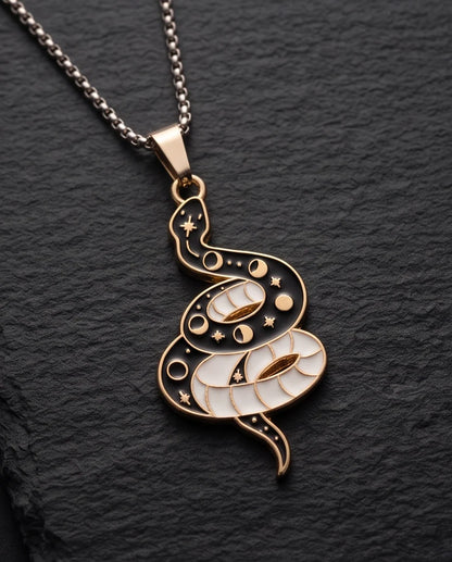 Gold Moon Phase Snake Enamel Pendant Necklace