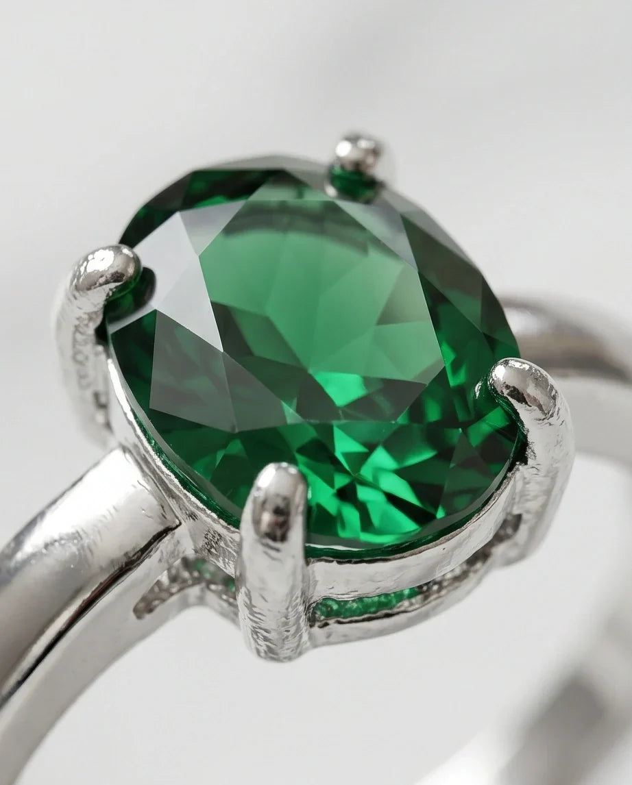 Sterling Silver Oval-Cut Green Emerald Solitaire Ring