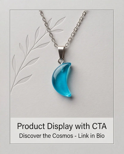 Silver Cyan Crescent Moon Resin Pendant Necklace