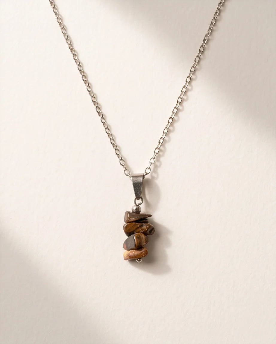 Silver Stacked Raw Tiger's Eye Chip Stone Pendant Necklace