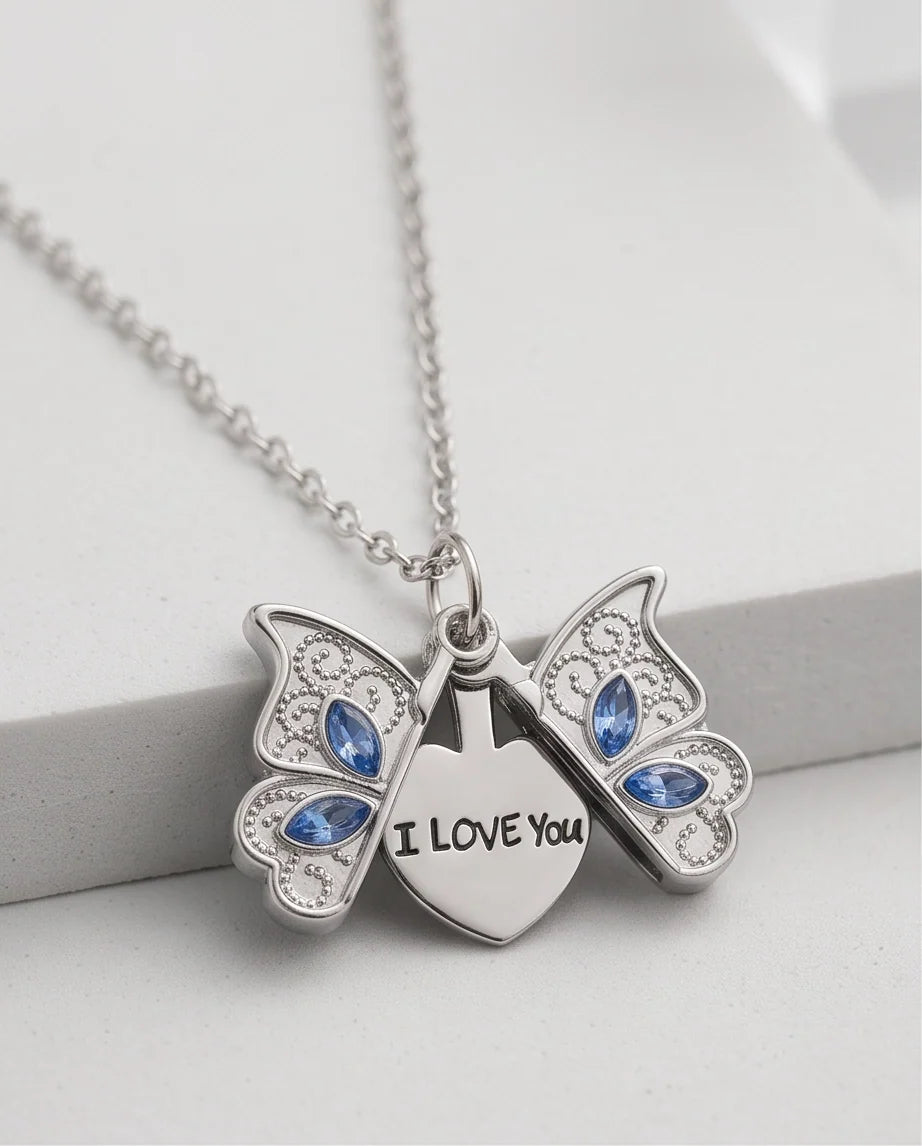 Silver Butterfly Secret Heart Pendant Necklace