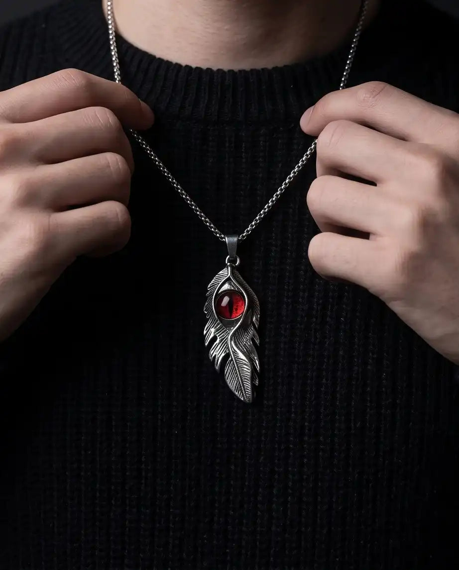 Red Dragon Eye Feather Pendant Box Chain