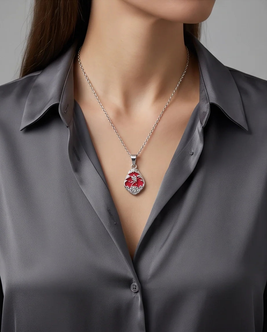 Silver Vintage Cherub Red Enamel Teardrop Pendant Necklace