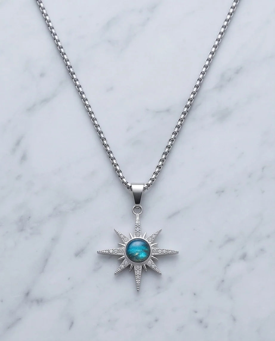 Silver Crystal Paved North Star Cosmic Orb Pendant Necklace