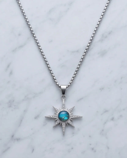 Silver Crystal Paved North Star Cosmic Orb Pendant Necklace