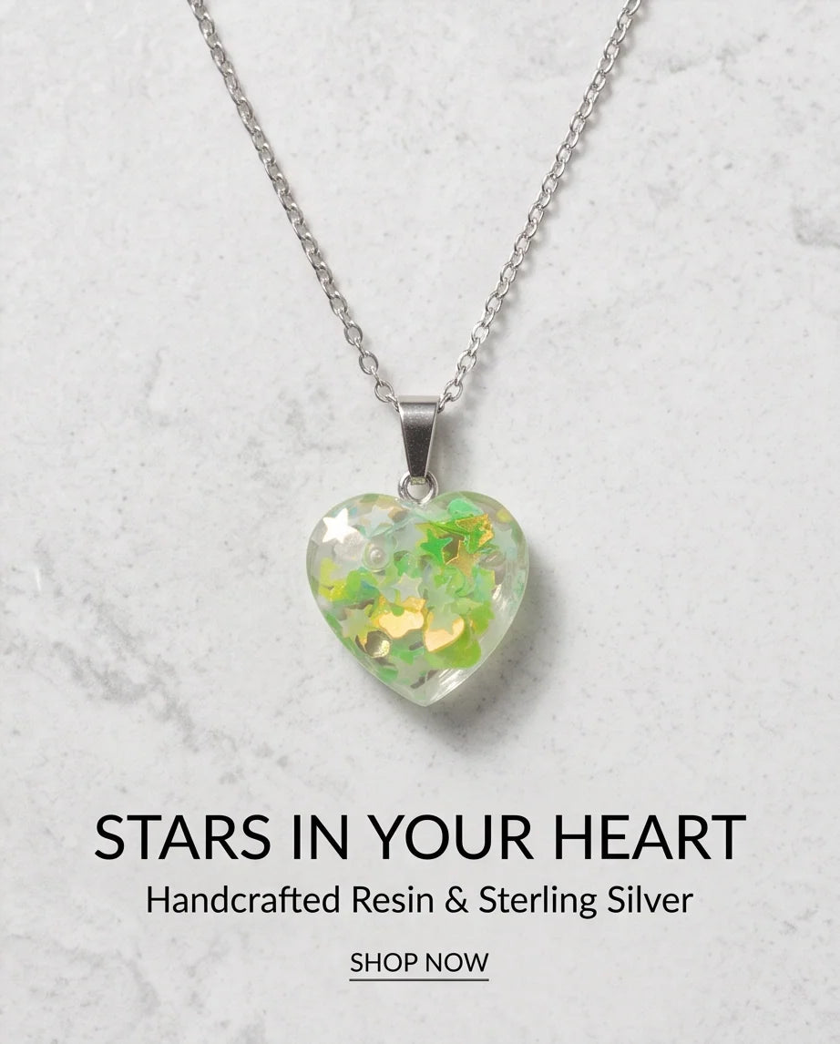 Silver Lime Green Glitter Heart Resin Pendant Necklace