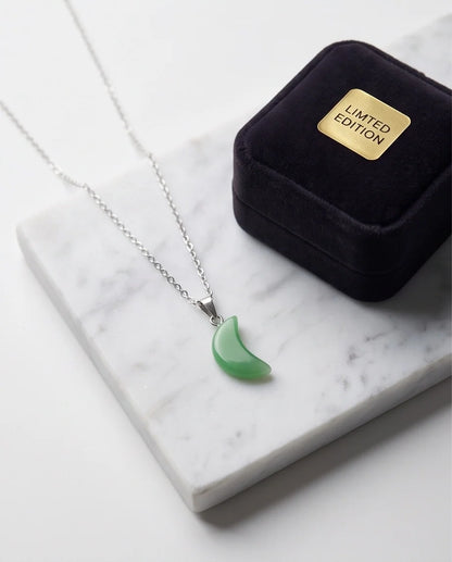 Silver Jade Green Crescent Moon Pendant Necklace
