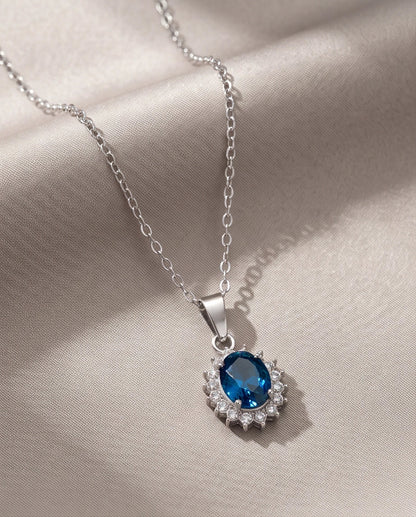 Silver London Blue Oval Halo Medallion Pendant Necklace