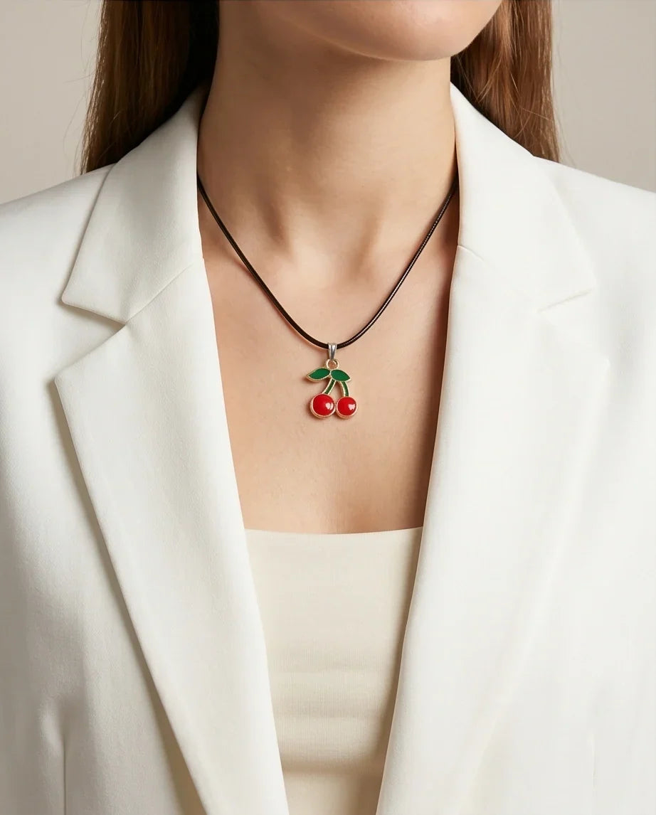 Gold and Red Cherries Pendant Necklace