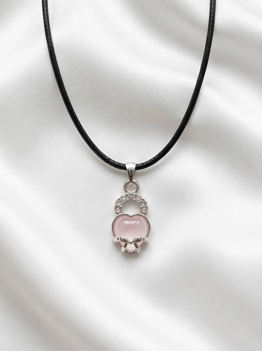 Pink Quartz Heart Bow Lock Pendant Necklace