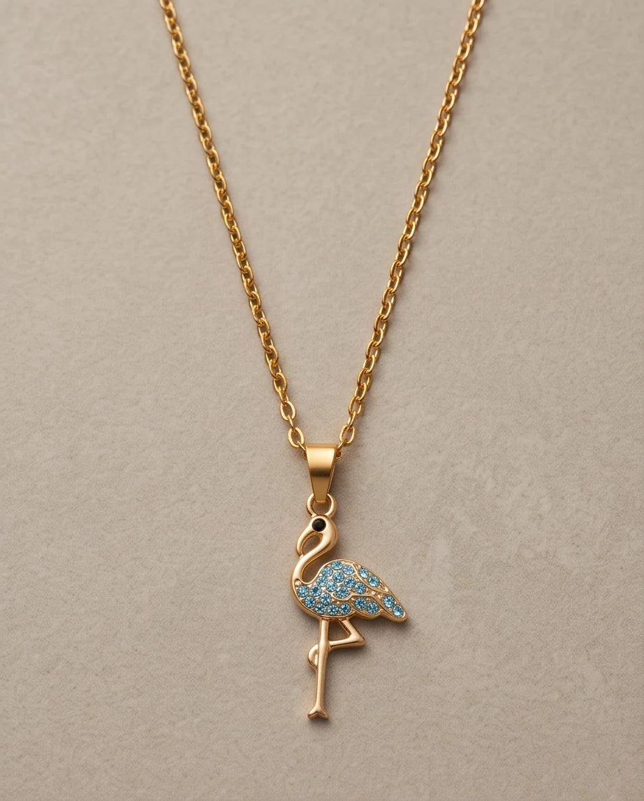 Gold Blue Crystal Paved Flamingo Pendant Necklace